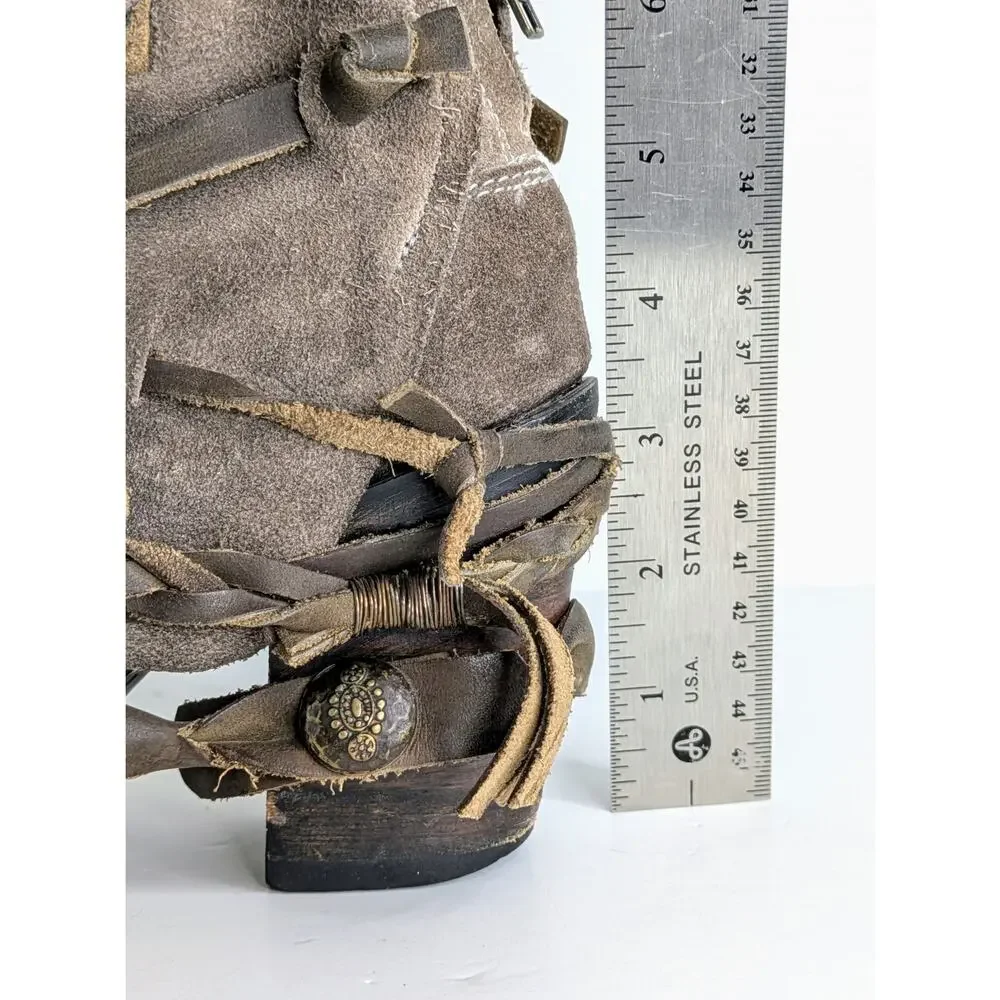 Freebird by Steven Cairo Boots 7 Brown Suede Strappy Heeled Boho Festival Zip